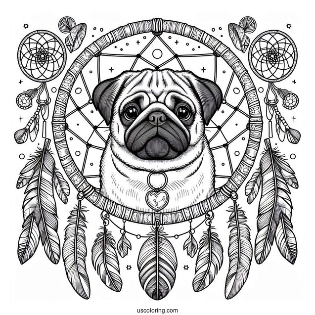 Pug Coloring Page Dreamcatcher with Feathers and Bones
