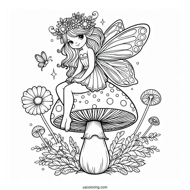 Pretty Fairy Sitting On A Mushroom Coloring Page