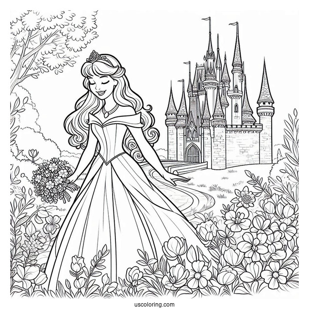 Disney Princess Aurora In Spring Coloring Page Garden Outside The Castle