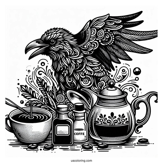 Raven Coloring Page Adding Syrup To Coffee