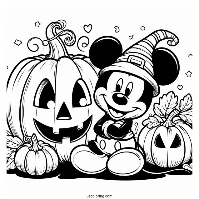 Mickey Mouse With Halloween Pumpkin Coloring Page To Color