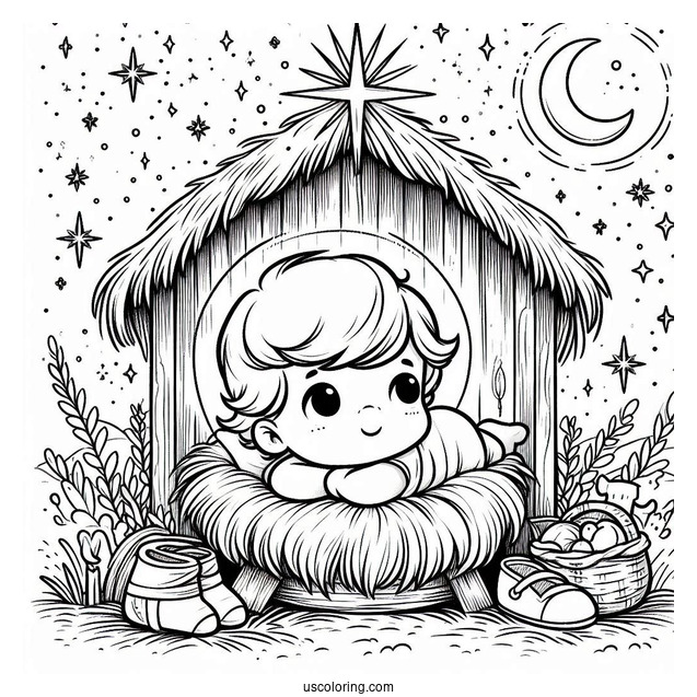 Nativity Coloring Page Of Cute Baby Jesus In The Manger