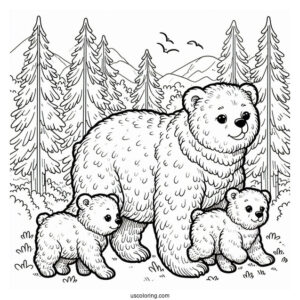 Mama Bear Coloring Page Walking With Her Two Cubs In Forest