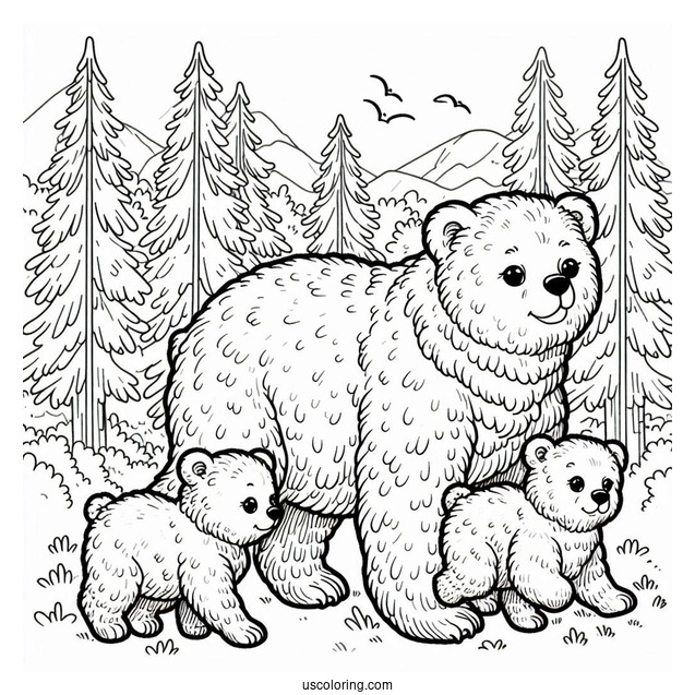 Mama Bear Coloring Page Walking With Her Two Cubs In Forest