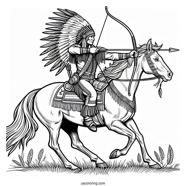 Native American Coloring Page Chief Shooting Arrow While Riding Horse