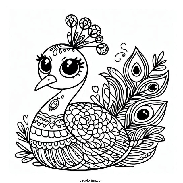 Easy Cartoon Peacock Coloring Page with Big Eyes and Simple Feathers For Kids