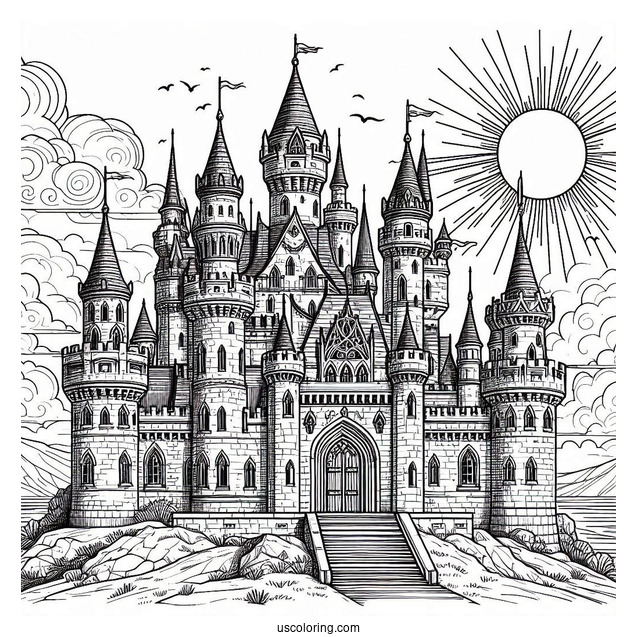 Massive Detailed Castle Coloring Page With The Sun In Background