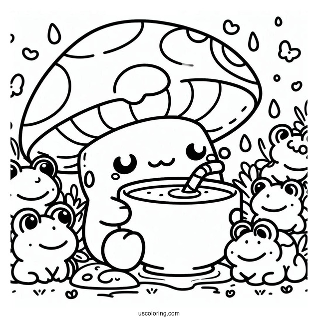 Cute Coloring Page Of Cartoon Mushroom Drinking While Surrounded By Frogs