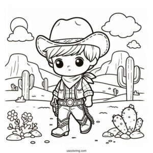 Adorable Little Cowboy Coloring Page In The Desert
