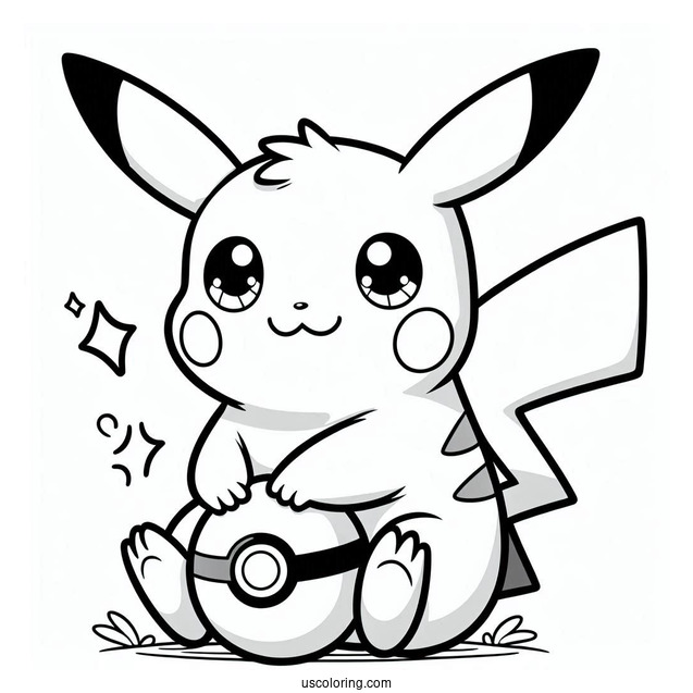 Kawaii Pikachu Sitting On Pokeball Coloring Sheet
