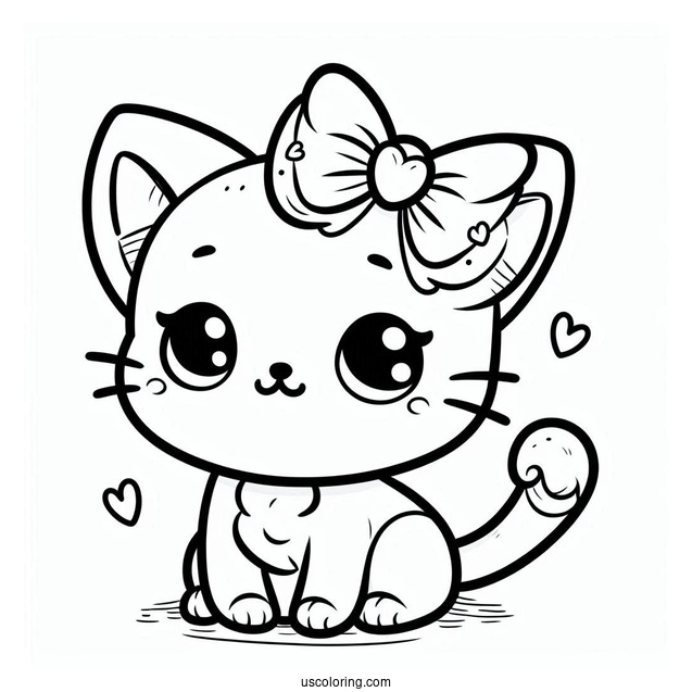 Coloring Page Of Adorable Cartoon Cat With Bow