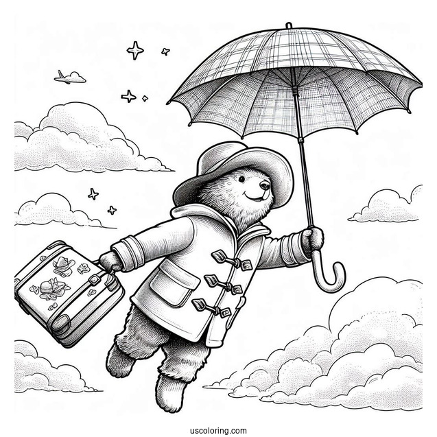 Paddington Coloring Page Flying In The Sky With His Umbrella And Suitcase