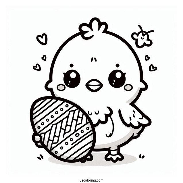 Easter Coloring Page Of Kawaii Chick Holding Easter Egg For Preschoolers