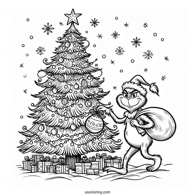 The Grinch Stealing a Christmas Tree Coloring Sheet