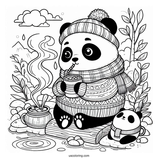 Cozy Panda Coloring Page in Sweater Drinking Hot Cocoa by the River