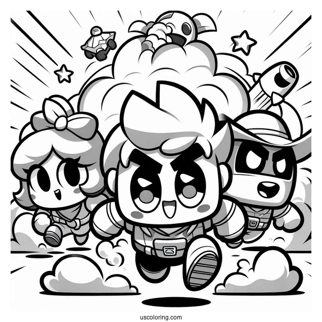 Brawl Stars Coloring Page Of Shelly, Colt, And Poco Running Away From Explosion
