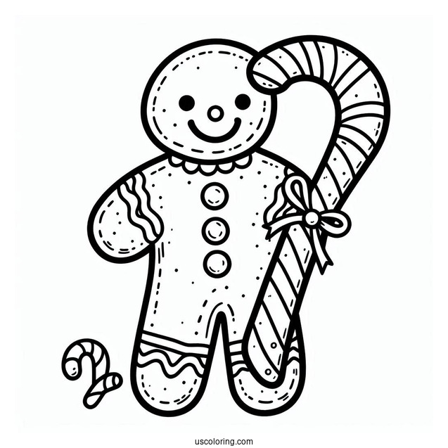 Gingerbread Man Holding Candy Cane Coloring Page
