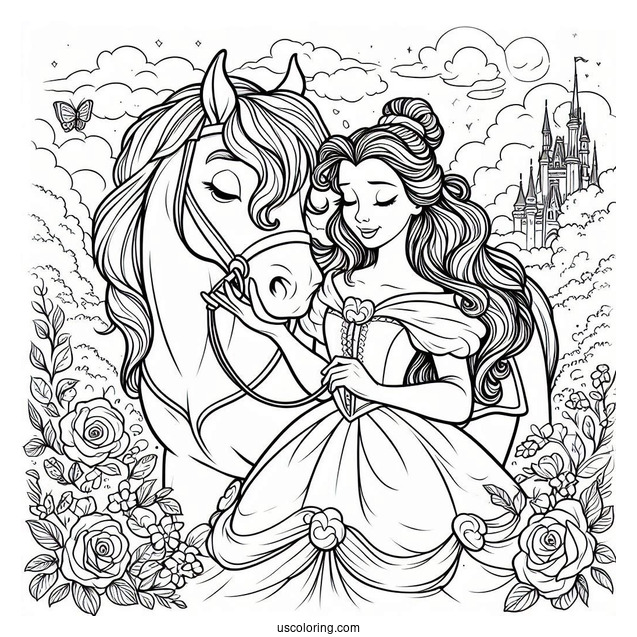 Coloring Sheet Of Belle With Her Horse Phillipe