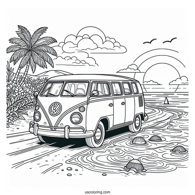 Volkswagen Driving Through A Beach In Summer Coloring Page