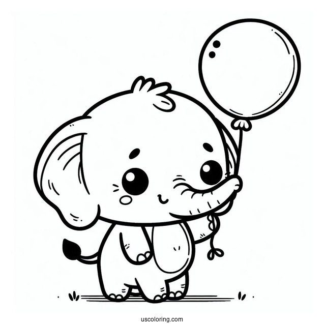 Kawaii Elephant Holding Balloon Coloring For Preschoolers