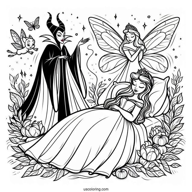 Sleeping Beauty Coloring Page With Maleficent And The Fairy Godmothers