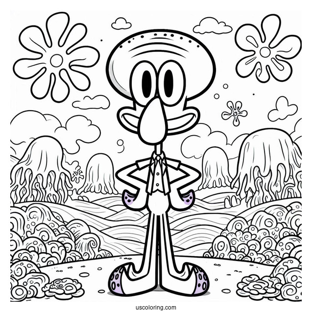 Squidward Coloring Page With Arms On Waist In Front Of Jelly Fields