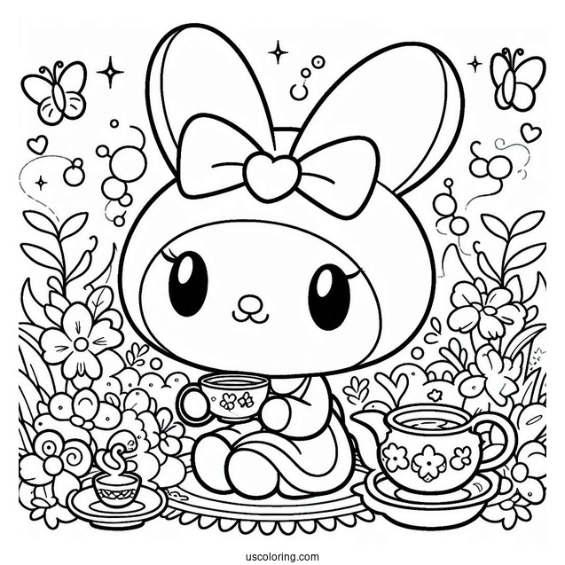 My Melody Coloring Page Having Tea With Flat And Risu