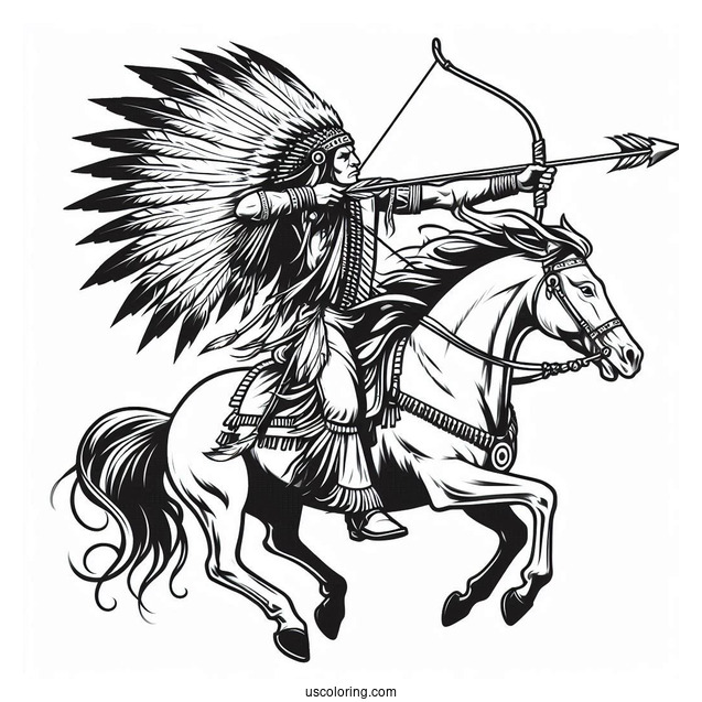 Native American Coloring Page Chief Shooting Arrow While Riding Horse