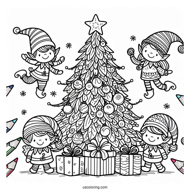 Christmas Tree With Elves Coloring Page