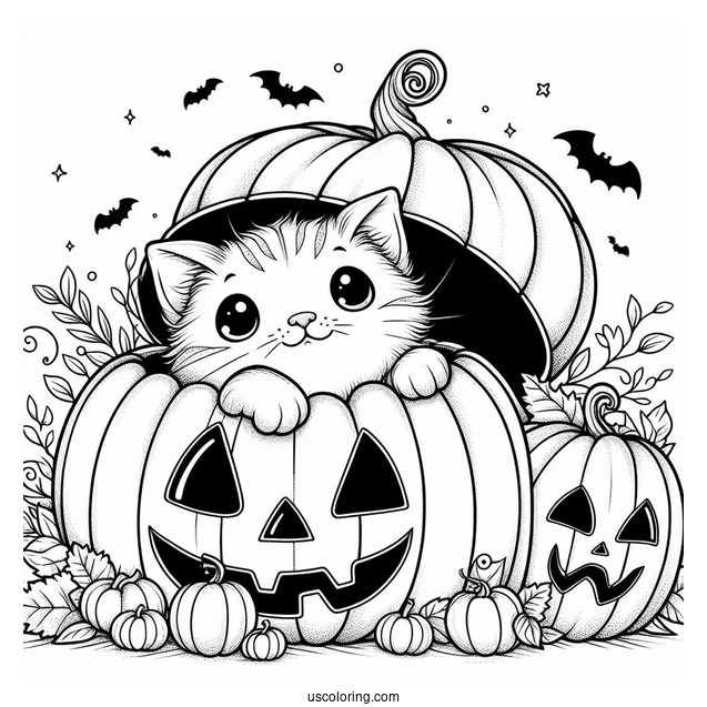 Pumpkin Coloring Page Of Cat Poking Head Out Of A Jack O Lantern