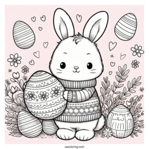 Pretty Bunny In Sweater Holding A Large Easter Coloring Page Of Egg