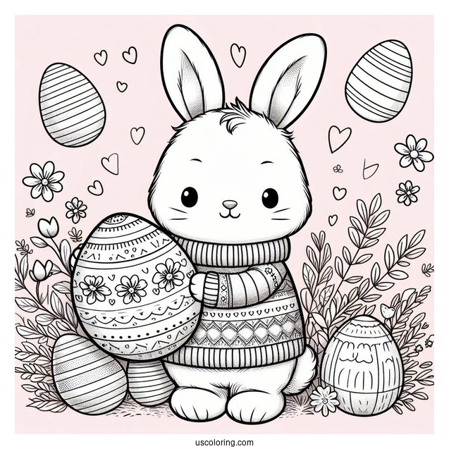 Pretty Bunny In Sweater Holding A Large Easter Coloring Page Of Egg