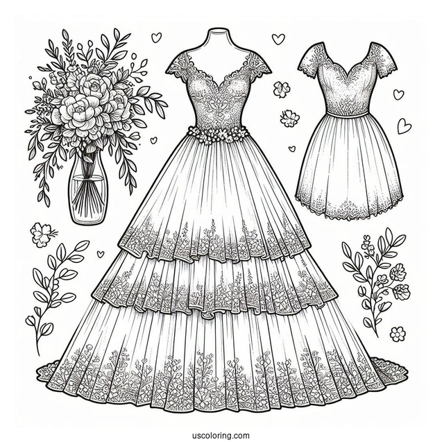 Wedding Dress Coloring Page With Short Sleeves And Tiered Tulle Tail