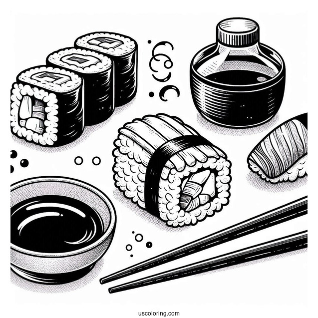 Uramaki, Nigiri, And Temari Sushi Coloring Pages With Chopsticks And Soy Sauce