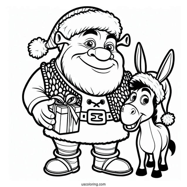 Shrek Dressed As Santa With Donkey Coloring Sheet
