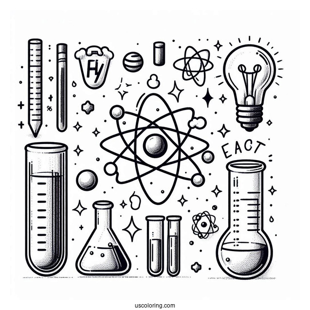 Science Coloring Page Of Elements Atom, Magnet, Test Tubes, Beaker, Light Bulb, And Magnifying Glass