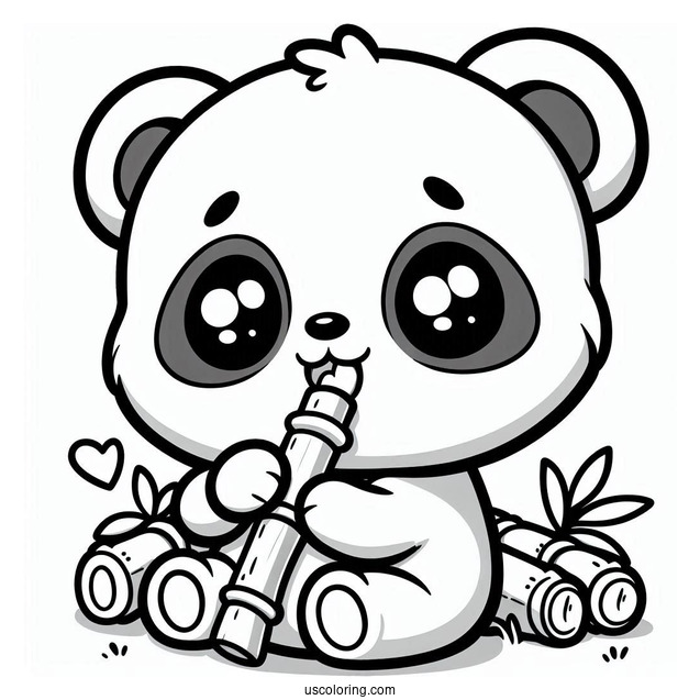 Hungry Chibi Coloring Page Panda Eating Bamboo For Preschoolers