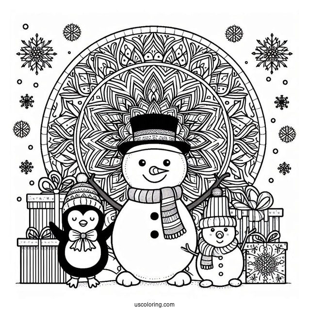 Snowman, Penguin, And Presents In Front Of Christmas Mandala Coloring Page