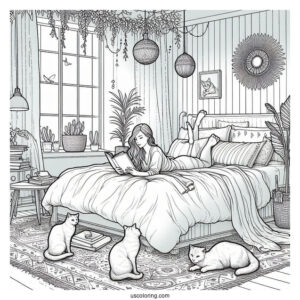 Bedroom Coloring Page Realistic Woman Reading On Her Bed With Cats