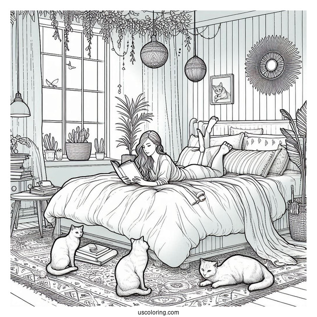 Bedroom Coloring Page Realistic Woman Reading On Her Bed With Cats