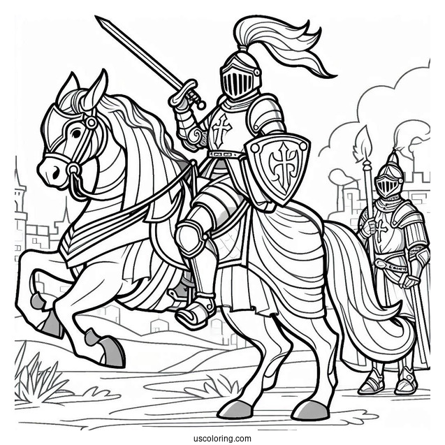 Mighty Knight On A Horse Coloring In For Preschoolers