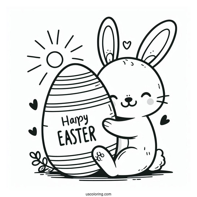 Easter Bunny Coloring Page Hugging Egg And Saying Greeting