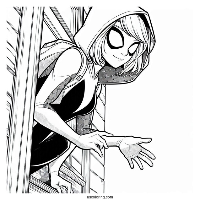 Spider-Gwen Coloring Page On The Edge Of A Building Holding Her Hand Out
