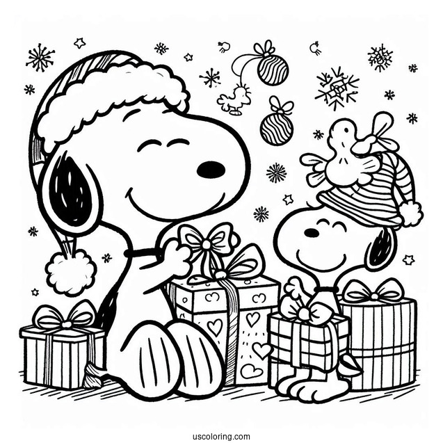 Snoopy And Woodstock Unwrapping Gifts During Christmas