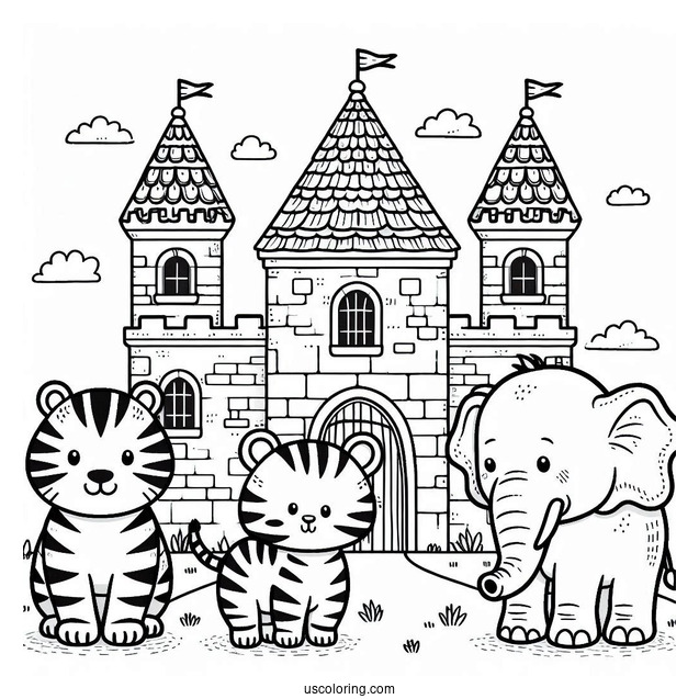 Cute Tiger, Elephant, And Zebra Outside A Castle Coloring Page For Kids