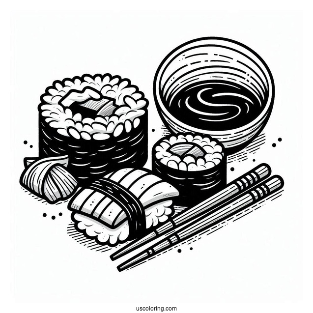 Uramaki, Nigiri, And Temari Sushi Coloring Pages With Chopsticks And Soy Sauce