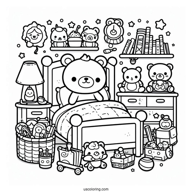 Kawaii Kid's Bedroom Coloring Page Full Of Toys For Kids