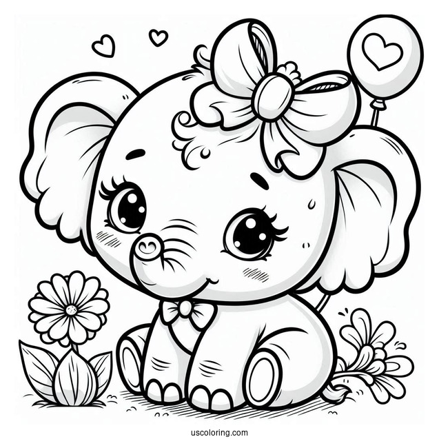 Cute Baby Elephant With Bow Coloring