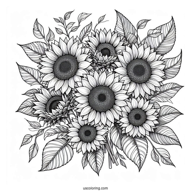 Detailed Adult Coloring Page Of Sunflowers