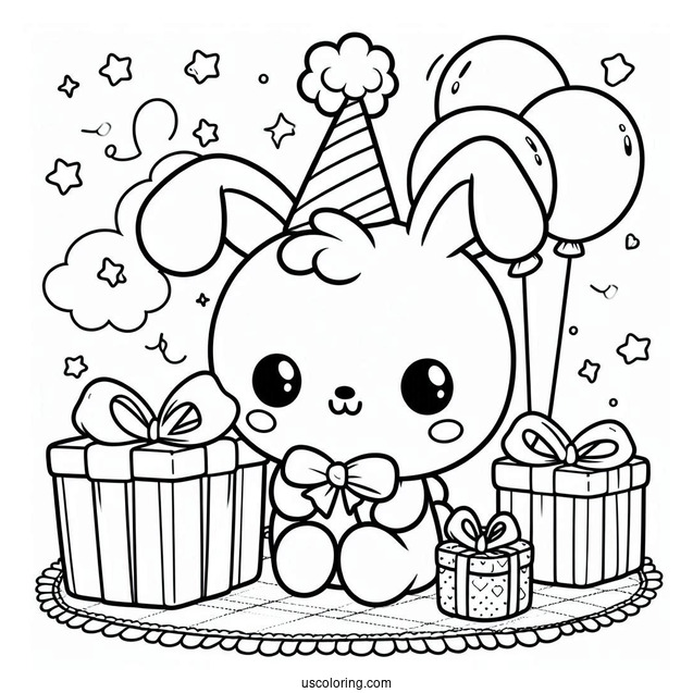 Pochacco Coloring Page Sitting On Floor With Birthday Presents And Balloons